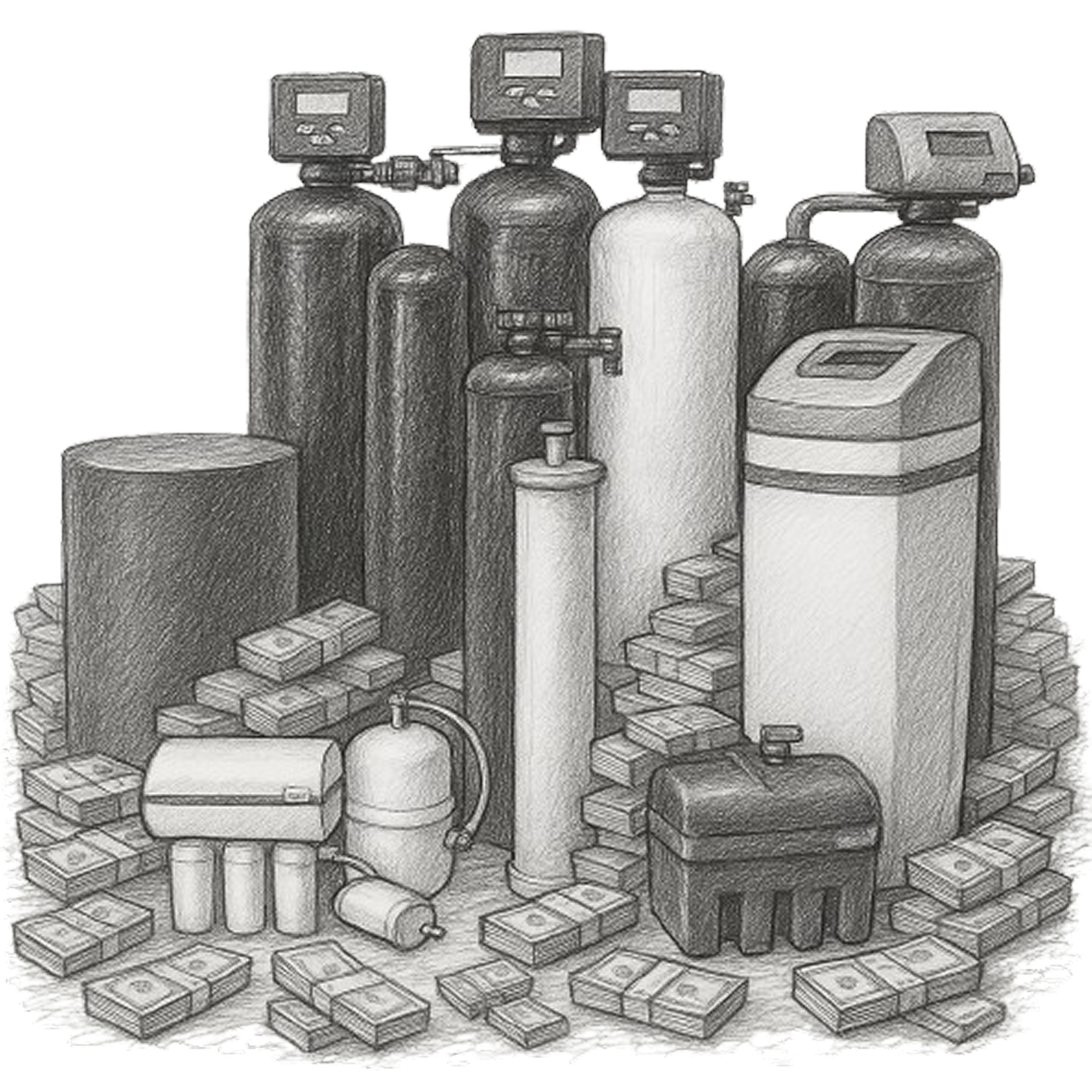 Pencil sketch of water treatment systems surrounded by stacks of cash